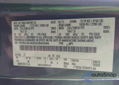 2016 Ford Escape Titanium z USA, uszkodzony, nr VIN 1FMCU0J92GUB43545